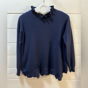 LOUISE OROP – Navy Sweater with Satin Ruffle Collar (Size S/M)